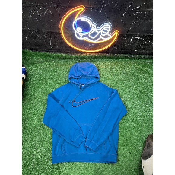 Vintage Nike Y2k Mens Size‎ Medium Teal Blue Big Swoosh Logo Hoodie Sweatshirt - Picture 1 of 5